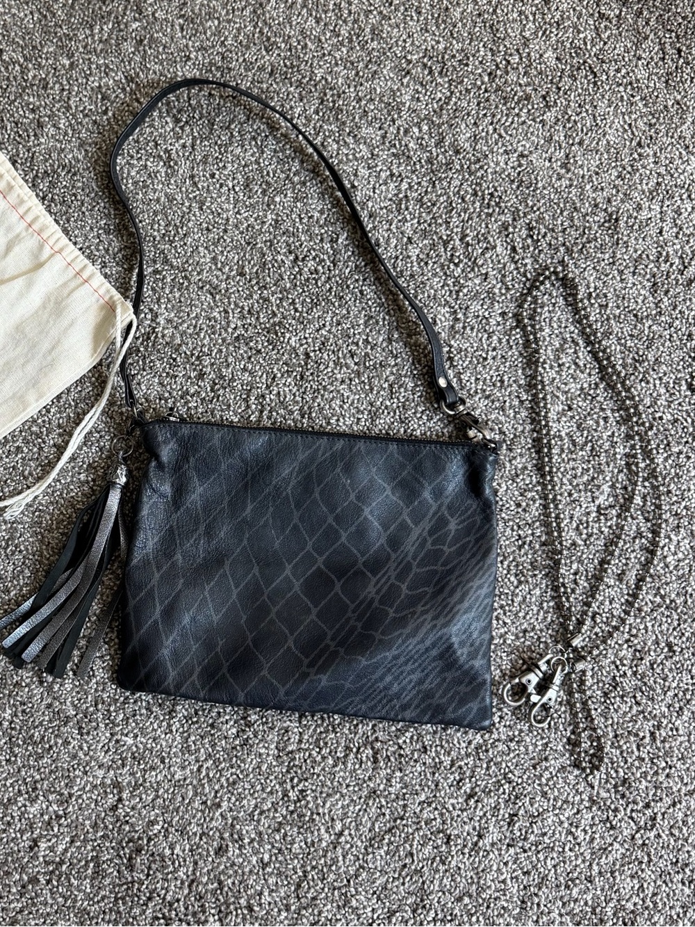 Ona Villier Black Leather Crossbody Clutch Purse w Tassel & Dust Bag